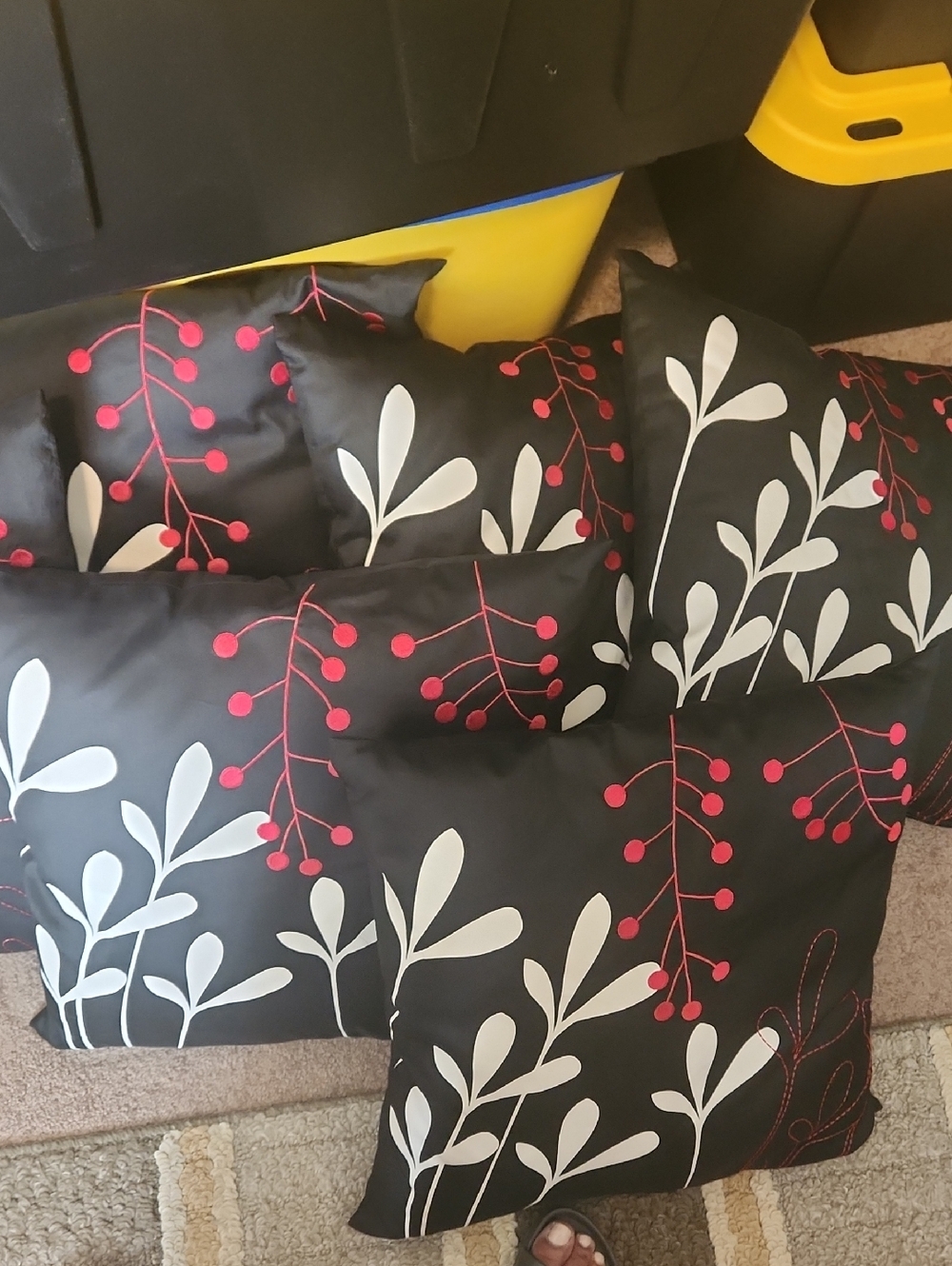 Botanical Black Accent Pillows with White Leaves & Red Berry Details(6)